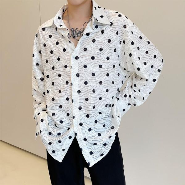 men's casual shirts polka dot long sleeve shirt men vintage fashion loose man korean streetwear oversize dress, White;black
men's casual shirts polka dot long sleeve shirt men vintage fashion loose man korean streetwear oversize dress, White;black