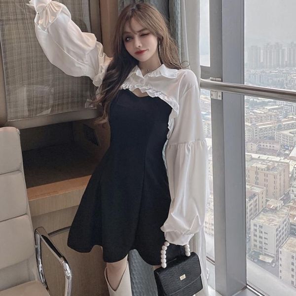 fashion sauce two female ensemble white blouse cable black belt mini dress korean chic 2 piece outfits suit, Black;gray
fashion sauce two female ensemble white blouse cable black belt mini dress korean chic 2 piece outfits suit, Black;gray