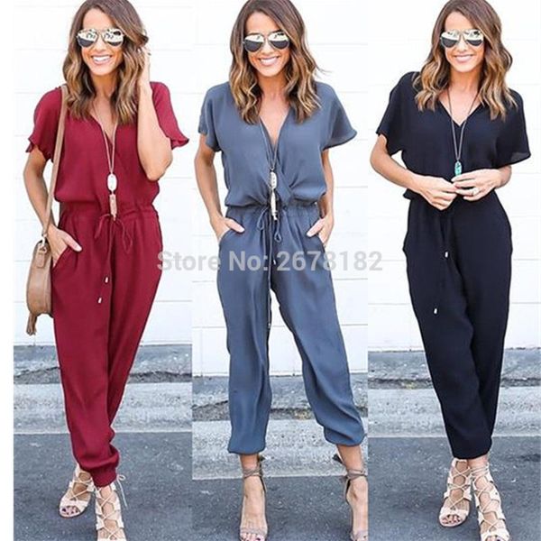 women's jumpsuits & rompers summer v neck cross lacing solid chiffon casual combinaison women, Black;white
women's jumpsuits & rompers summer v neck cross lacing solid chiffon casual combinaison women, Black;white