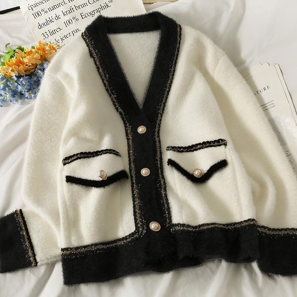 women's knits & tees autumn contrast stitching bright silk button v neck sweater 2021long-sleeved loose elegant cardigans lady trend, White
women's knits & tees autumn contrast stitching bright silk button v neck sweater 2021long-sleeved loose elegant cardigans lady trend, White