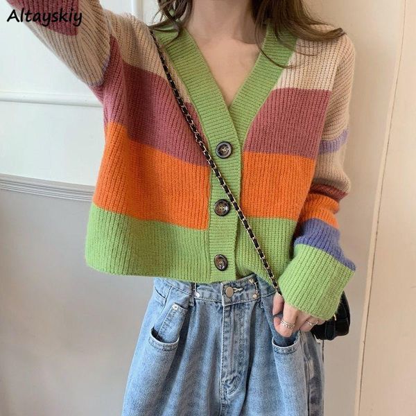 women's knits & tees cropped cardigan women casual colorful striped loose fashion korean style all-match streetwear long sleeve v-neck, White
women's knits & tees cropped cardigan women casual colorful striped loose fashion korean style all-match streetwear long sleeve v-neck, White