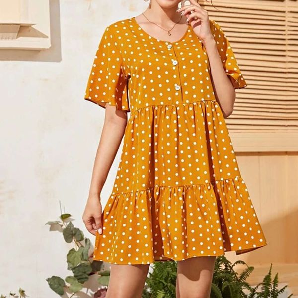 xiabo dot printed round neck fashion casual chiffon short sleeve women's dress, Black;gray
xiabo dot printed round neck fashion casual chiffon short sleeve women's dress, Black;gray