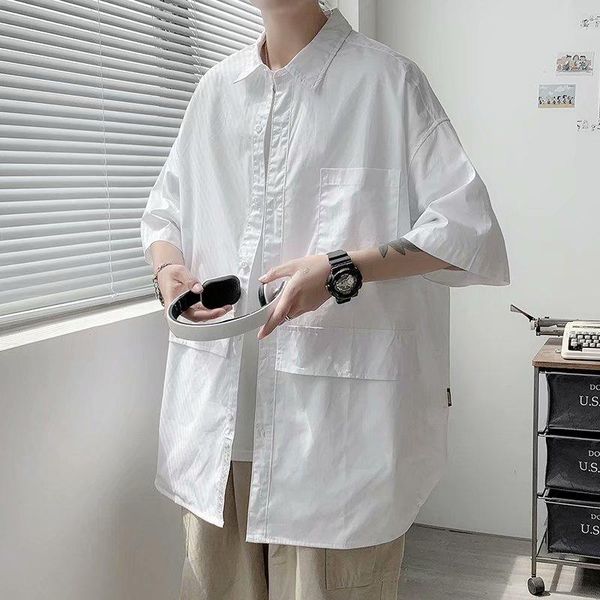 men's casual shirts summer short sleeve shirt fashion black white men streetwear korean loose pocket mens dress -3xl, White;black
men's casual shirts summer short sleeve shirt fashion black white men streetwear korean loose pocket mens dress -3xl, White;black
