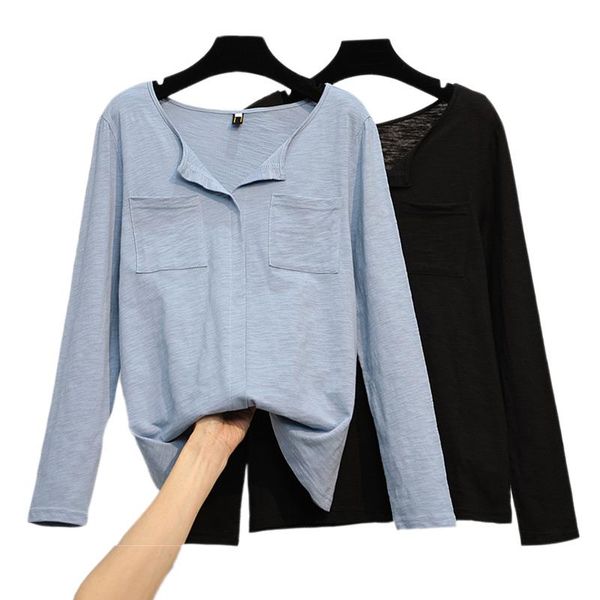 plus size t-shirt korean fashion v-neck pocket long sleeve women's oversized casual women clothing 2021 autumn, Black
plus size t-shirt korean fashion v-neck pocket long sleeve women's oversized casual women clothing 2021 autumn, Black