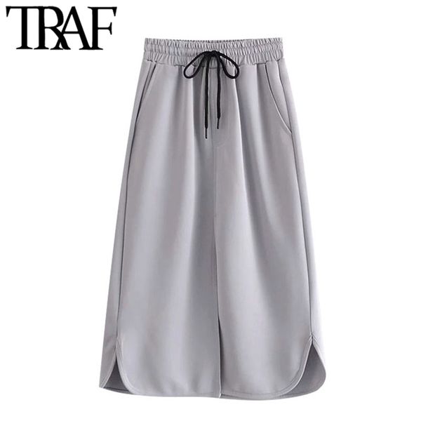 women fashion with drawstrings slit hem midi skirt vintage high elastic waist side pockets female skirts mujer 210507, Black
women fashion with drawstrings slit hem midi skirt vintage high elastic waist side pockets female skirts mujer 210507, Black