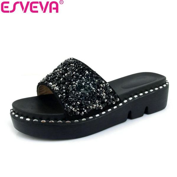 dress shoes esveva 2021 women sandals round toe sequins pu med heels slippers platform 2.5cm slip on shallow bling size 34-43, Black
dress shoes esveva 2021 women sandals round toe sequins pu med heels slippers platform 2.5cm slip on shallow bling size 34-43, Black