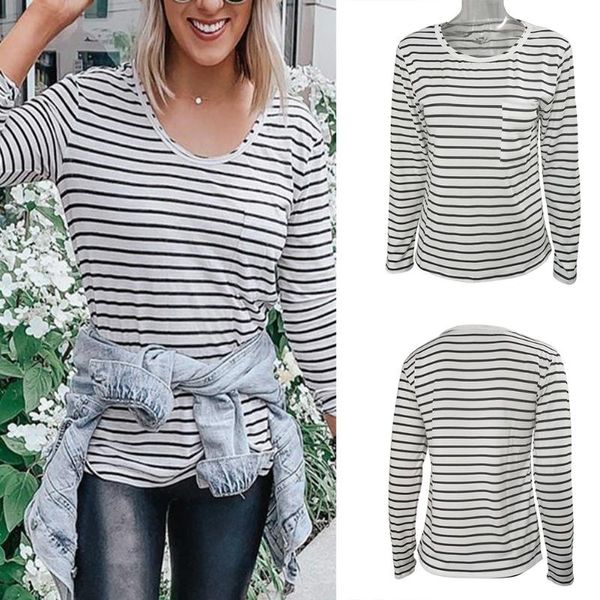 women's t-shirt women long sleeve stripe printed slim base casual o-neck tees hsj88, White
women's t-shirt women long sleeve stripe printed slim base casual o-neck tees hsj88, White
