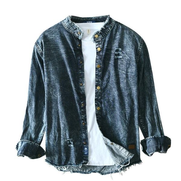 men's ripped edge denim long sleeve shirt classic retro fashion casual cotton four seasons stand-collar shirts, White;black
men's ripped edge denim long sleeve shirt classic retro fashion casual cotton four seasons stand-collar shirts, White;black