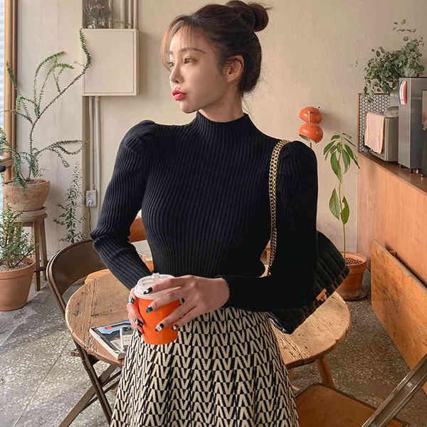 sweater women's slim solid color ball sleeve sweater, integrated, in spring 2021, White;black
sweater women's slim solid color ball sleeve sweater, integrated, in spring 2021, White;black