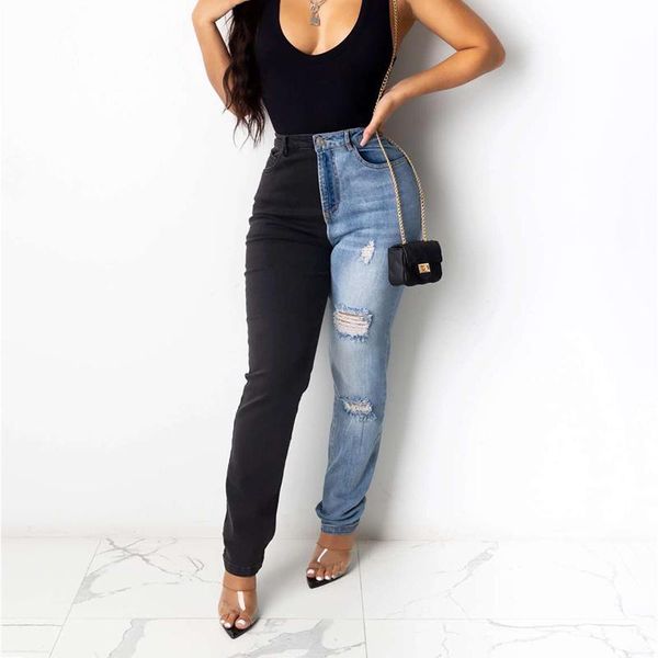 women's jeans spring vintage trendy clothing women two-color stitching high-waisted denim pants streetwear ripped feet, Blue
women's jeans spring vintage trendy clothing women two-color stitching high-waisted denim pants streetwear ripped feet, Blue