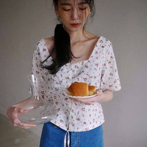women's blouses & shirts vintage floral print summer blouse women square collar short sleeve single breasted lace up loose sweet korean, White
women's blouses & shirts vintage floral print summer blouse women square collar short sleeve single breasted lace up loose sweet korean, White