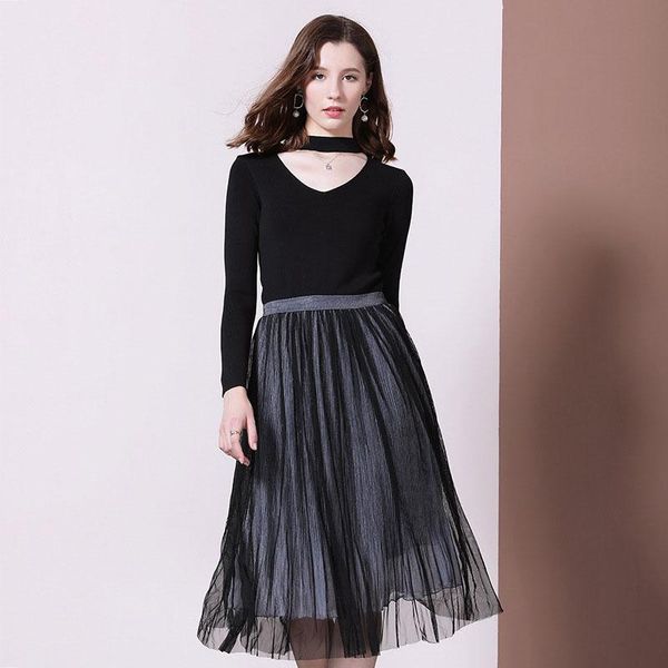 casual dresses women dress 2021 v-neck slim slimming knit stitching mesh pleated puff mid-length a-line, Black;gray
casual dresses women dress 2021 v-neck slim slimming knit stitching mesh pleated puff mid-length a-line, Black;gray