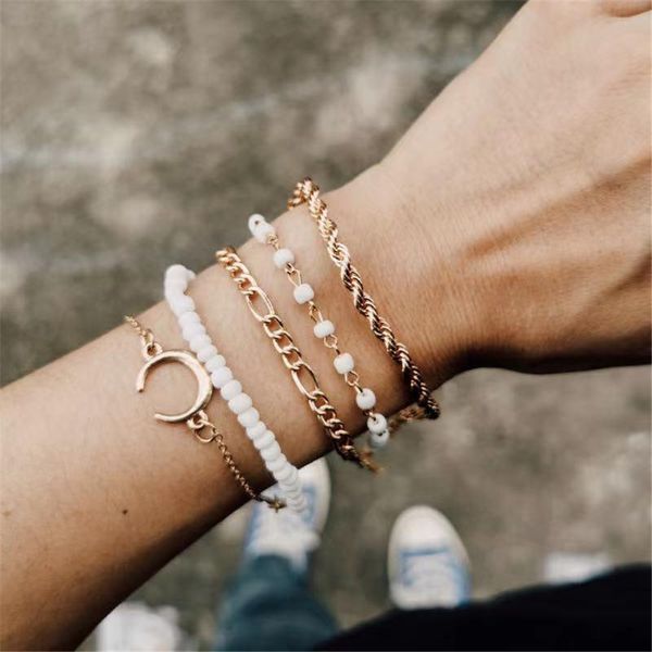 link, chain 5pcs/sets gold moon bracelet for women creative vintage rice bead combination on hand jewelry gift, Black
link, chain 5pcs/sets gold moon bracelet for women creative vintage rice bead combination on hand jewelry gift, Black