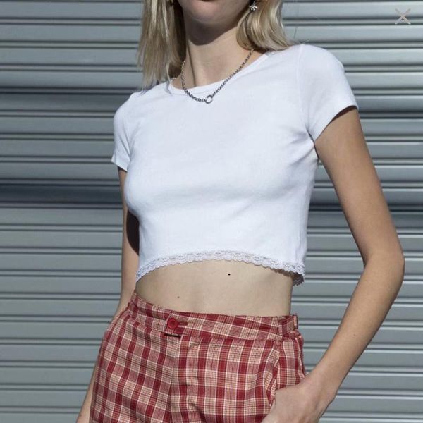 women's t-shirt o-neck solid slim summer bottoming short sleeve lace patchwork hemline women american casual crop tee, White
women's t-shirt o-neck solid slim summer bottoming short sleeve lace patchwork hemline women american casual crop tee, White