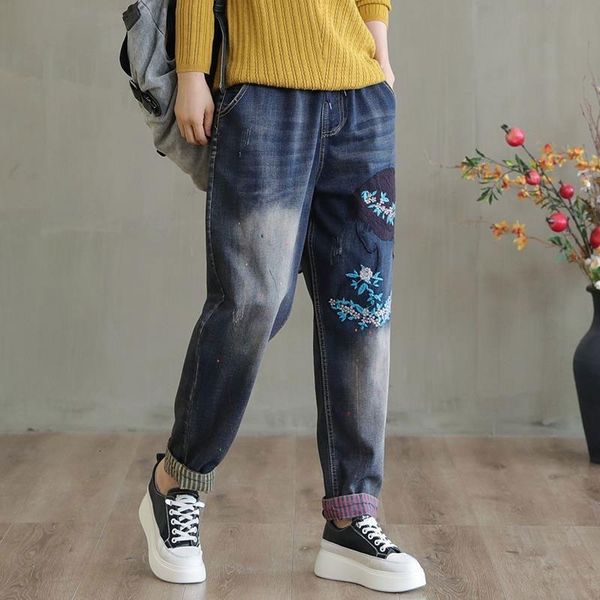 autumn style arts women's elastic waistline from cartoon embroidered down vintage cotton jeans denim hareharem femme jean pants m470, Blue
autumn style arts women's elastic waistline from cartoon embroidered down vintage cotton jeans denim hareharem femme jean pants m470, Blue