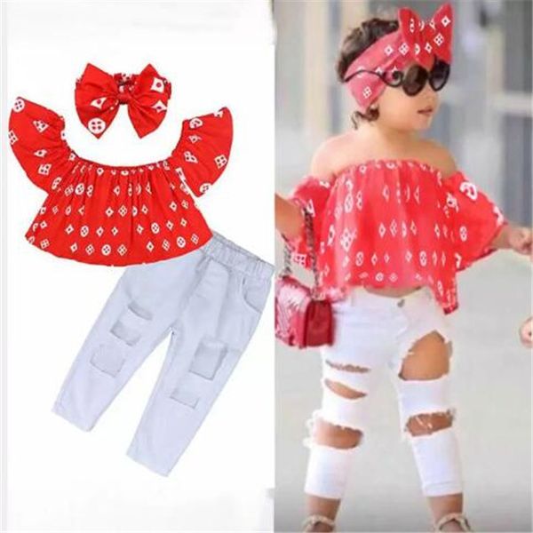 

Kids Baby Girls Clothes Set Fashion Top +Pant + Headband Three Piece Children Summer Suit Girls Boutique Outfits, Red