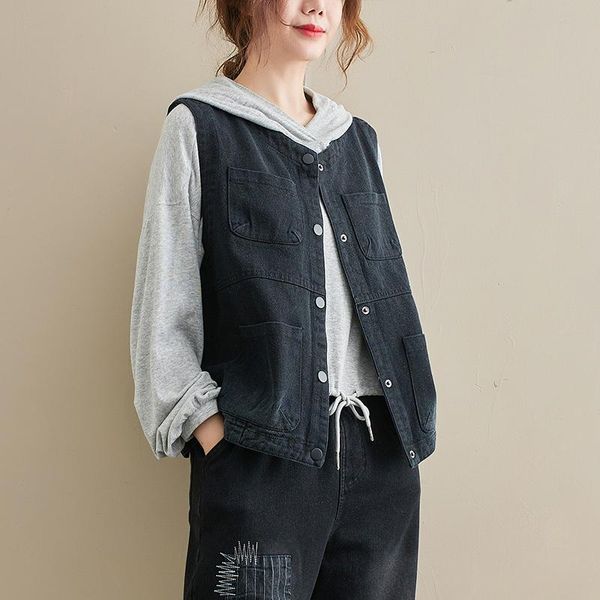 women's vests ewq pocket stitching white washed denim jacket large women single breasted crew neck short sleeveless 2021 autumn gd460, Black;white
women's vests ewq pocket stitching white washed denim jacket large women single breasted crew neck short sleeveless 2021 autumn gd460, Black;white