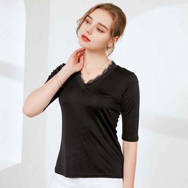 women's t-shirt tianluo summer silk acetate knitted short sleeve lace v-neck thin half top, White
women's t-shirt tianluo summer silk acetate knitted short sleeve lace v-neck thin half top, White