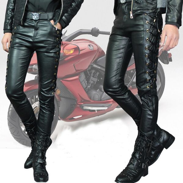 men's pants brand men leather skinny fit side lace up male fashion motorcycle pu faux trousers punk rock style 6dwg, Black
men's pants brand men leather skinny fit side lace up male fashion motorcycle pu faux trousers punk rock style 6dwg, Black