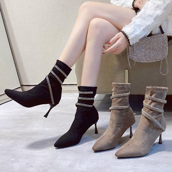 boots 2021 fashion women high heels ankle bling crystal pointed toe black stretch fabric boot flock botas mujer 8785l 
boots 2021 fashion women high heels ankle bling crystal pointed toe black stretch fabric boot flock botas mujer 8785l