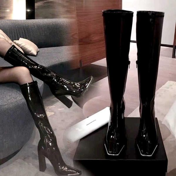 boots patent leather high women's autumn and winter super heel knight thick metal square head, Black
boots patent leather high women's autumn and winter super heel knight thick metal square head, Black