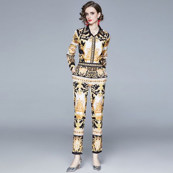 fashion runway spring fall pants two piece set women full sleeve yellow floral print shirts + casual long pencil pants suits 210514, White
fashion runway spring fall pants two piece set women full sleeve yellow floral print shirts + casual long pencil pants suits 210514, White
