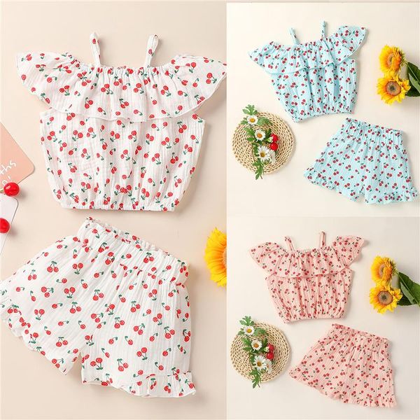 clothing sets 2 pieces kids suit set summer cherry print off shoulder sleeveless ruffled + shorts for girls two piece, White
clothing sets 2 pieces kids suit set summer cherry print off shoulder sleeveless ruffled + shorts for girls two piece, White