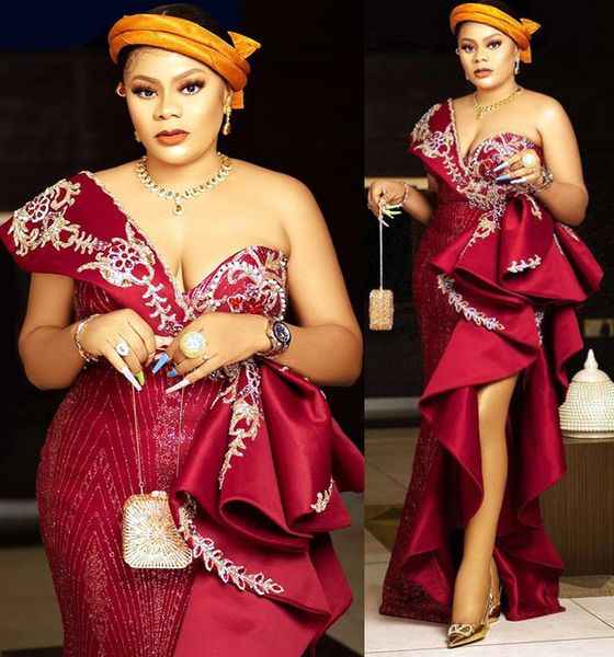 2021 plus size arabic aso ebi burgundy mermaid prom dresses one shoulder lace high split evening formal party second reception gowns dress z, Black
2021 plus size arabic aso ebi burgundy mermaid prom dresses one shoulder lace high split evening formal party second reception gowns dress z, Black