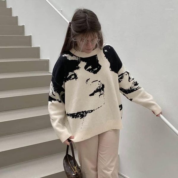 women's sweaters fashion autumn round neck stylish portrait print long sleeve loose knitted pullover for girls, White;black
women's sweaters fashion autumn round neck stylish portrait print long sleeve loose knitted pullover for girls, White;black