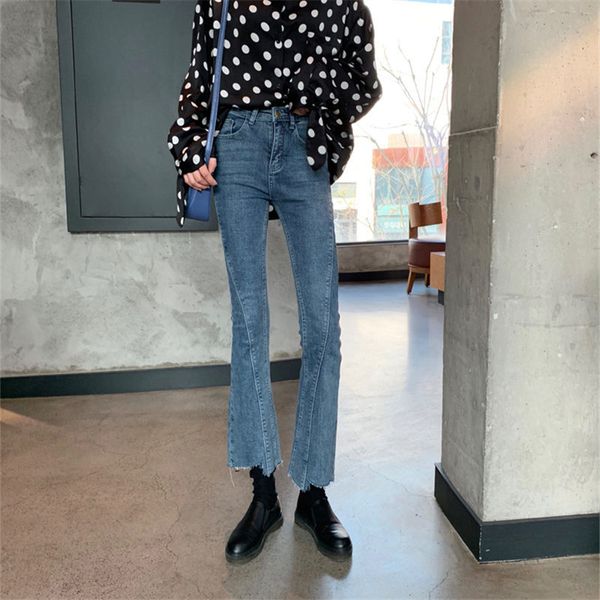 high waist slimming students irregular jeans flare pants autumn vintage blue all-match denim ankle-length trousers 210421
high waist slimming students irregular jeans flare pants autumn vintage blue all-match denim ankle-length trousers 210421