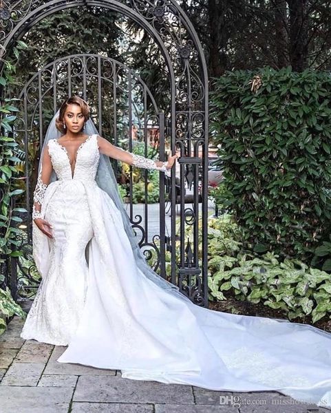 2022 luxury african mermaid wedding dresses deep v neck long sleeves illusion full lace appliques overskirts detachable train button back br, White
2022 luxury african mermaid wedding dresses deep v neck long sleeves illusion full lace appliques overskirts detachable train button back br, White