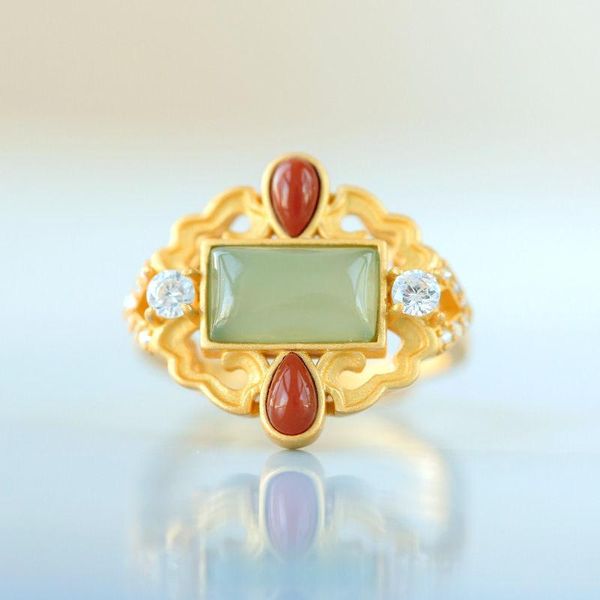cluster rings rectangular natural hetian jade drop-shaped southern red tourmaline hollow lace embellishment opening adjustable ladies ring, Golden;silver
cluster rings rectangular natural hetian jade drop-shaped southern red tourmaline hollow lace embellishment opening adjustable ladies ring, Golden;silver
