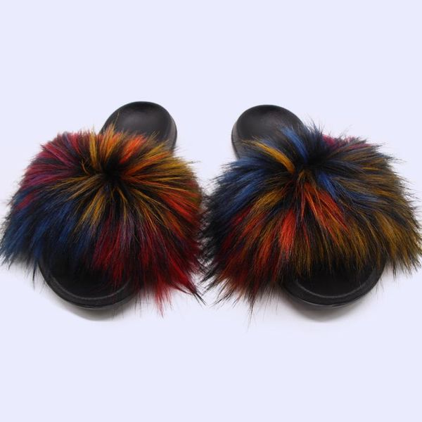 slippers summer women's luxury imitation fur raccoon fashion simple indoor non-slip fluffy, Black
