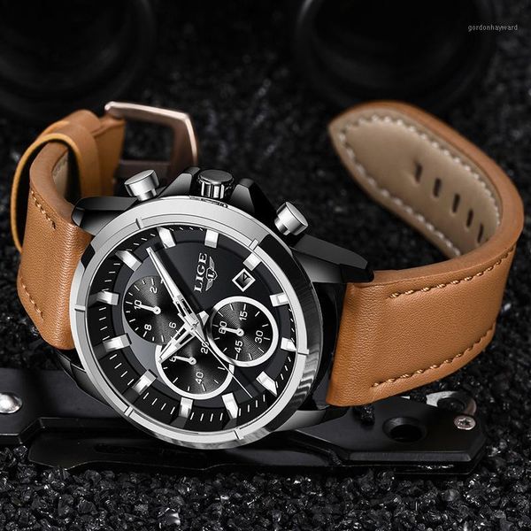 wristwatches watch for men 2021 fashion casual leather clock lige mens watches quartz gold waterproof chronograph, Slivery;brown