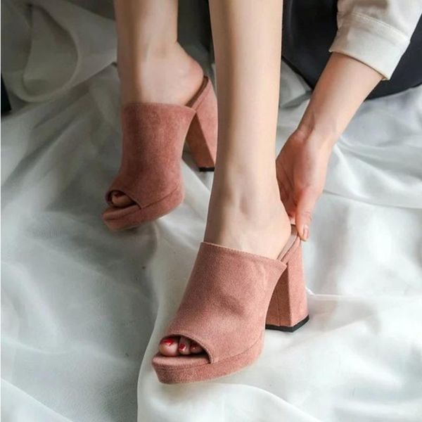sandals 2021 slippers women thick high heels fish mouth fashion flock ladies platform shoes leisure soft bottom non slip, Black