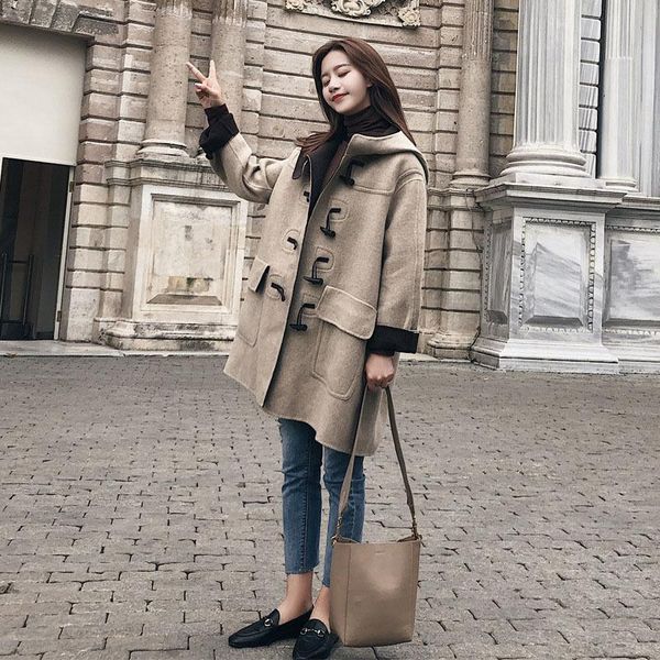 women's wool & blends plaid coat autumn winter korean ox horn buckle hooded collar loose mid-length temperament thickened woolen, Black
women's wool & blends plaid coat autumn winter korean ox horn buckle hooded collar loose mid-length temperament thickened woolen, Black