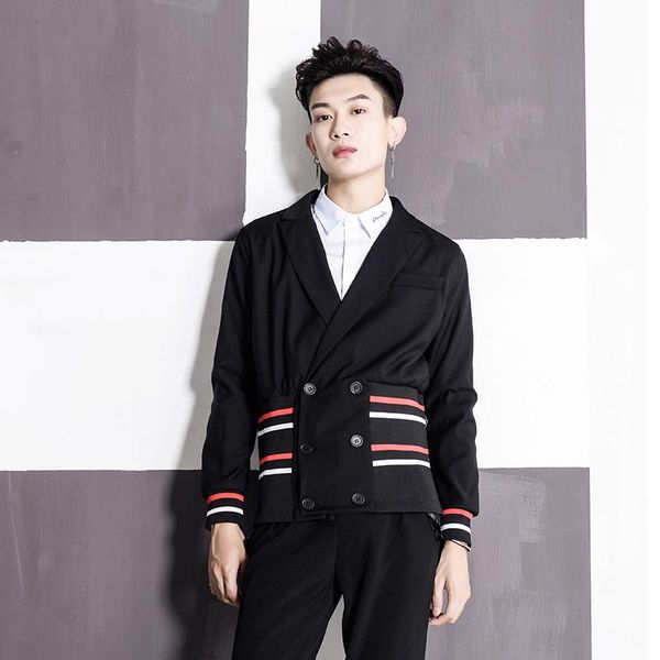 men's suits & blazers 2021 autumn winter fashion splicing stripe handsome suit jacket slim casual coat stage costumes, White;black
men's suits & blazers 2021 autumn winter fashion splicing stripe handsome suit jacket slim casual coat stage costumes, White;black