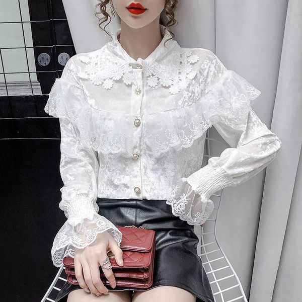 2021 autumn winter women new korean long sleeve lace ruffles velet shirts female single button basic velour blouses s103, White
2021 autumn winter women new korean long sleeve lace ruffles velet shirts female single button basic velour blouses s103, White