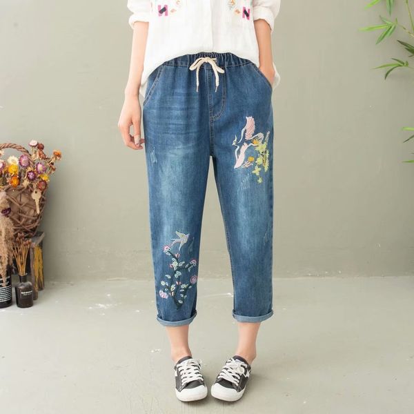 women's jeans elastic waist embroidered jeans loose lace up harem pants new summer capris, Blue
women's jeans elastic waist embroidered jeans loose lace up harem pants new summer capris, Blue