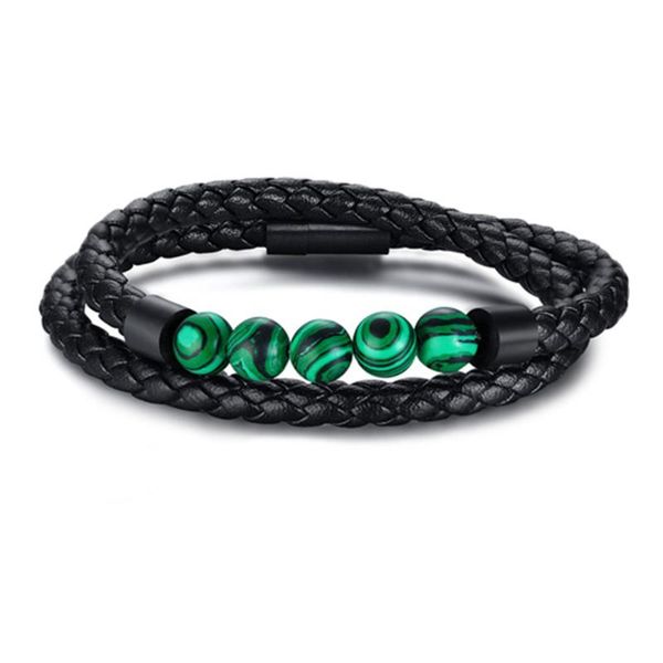 link, chain european and american stainless steel magnetic buckle tiger eye volcanic stone natural genuine leather bracelet, Black