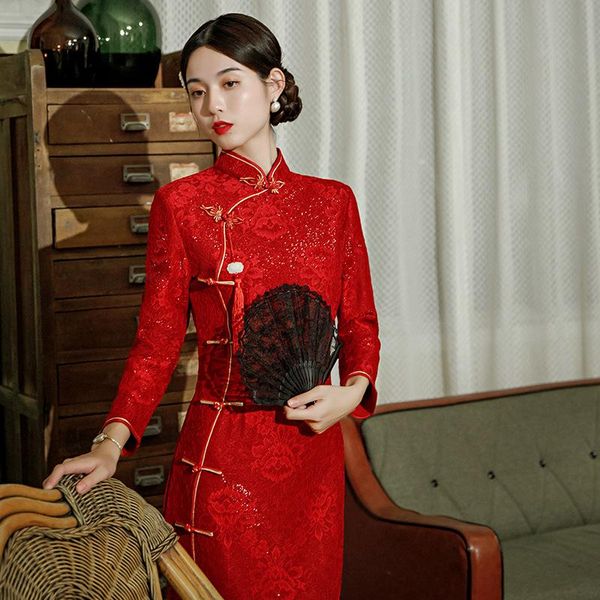chinese style cheongsam plus velvet thick long lace dress elegant slim wedding party qipao ethnic clothing, Red
chinese style cheongsam plus velvet thick long lace dress elegant slim wedding party qipao ethnic clothing, Red