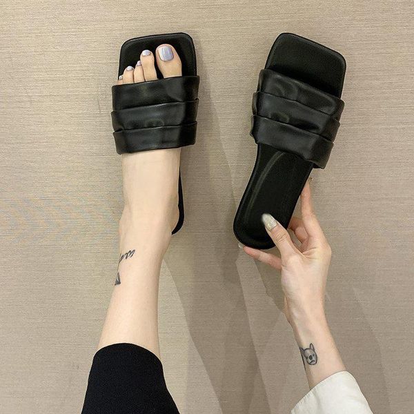 women spuare toe pleated slippers woman solid shoes female pu leather flat ladies summer beach classic footwear, Black
women spuare toe pleated slippers woman solid shoes female pu leather flat ladies summer beach classic footwear, Black