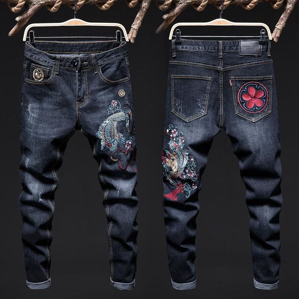 men's jeans autumn men stretchy skinny biker embroidery carp print denim casual jogging pencil pant 782, Blue
men's jeans autumn men stretchy skinny biker embroidery carp print denim casual jogging pencil pant 782, Blue