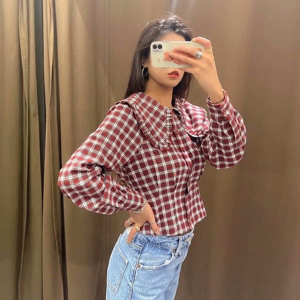 women's blouses & shirts intelligent casual women's shirts with a big sailor's collar and long sleeves plaid red fabric shirt, White
women's blouses & shirts intelligent casual women's shirts with a big sailor's collar and long sleeves plaid red fabric shirt, White