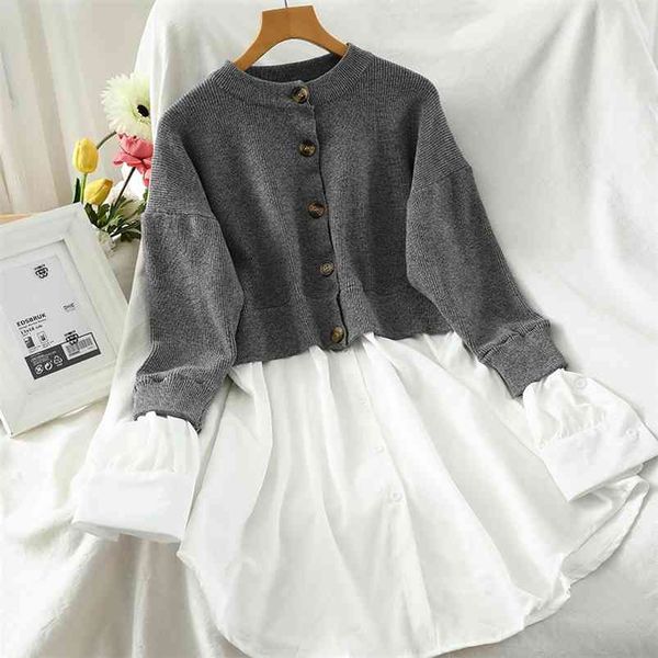 women o-neck all-match femme dresses fake two piece panelled patchwork knitted dress chic button a-line female vestidos gk506 210507, Black;gray
women o-neck all-match femme dresses fake two piece panelled patchwork knitted dress chic button a-line female vestidos gk506 210507, Black;gray
