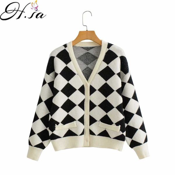 hsa winter fall european and american summer wind women's black and white diamond plaid cardigan knitted sweater 9737 210716, White;black
hsa winter fall european and american summer wind women's black and white diamond plaid cardigan knitted sweater 9737 210716, White;black