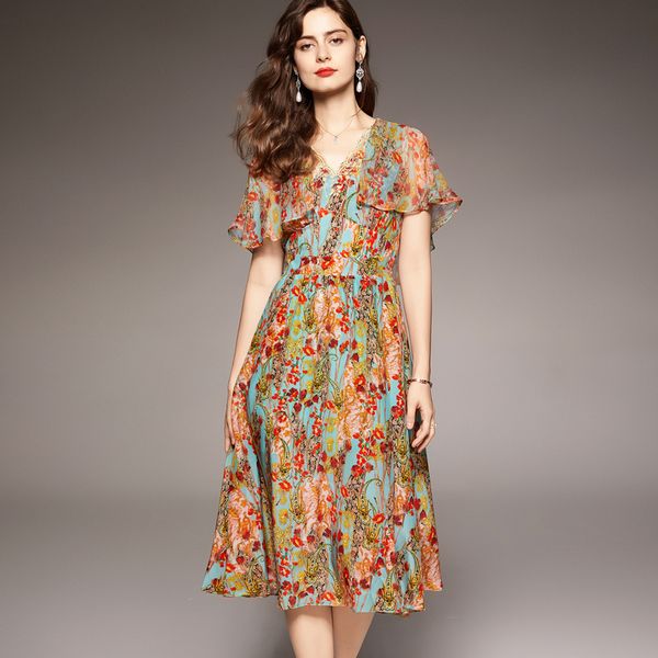 100% natural silk women's dresses v neck short sleeves printed ruffles fashion mid summer dress vestidos, Black
100% natural silk women's dresses v neck short sleeves printed ruffles fashion mid summer dress vestidos, Black