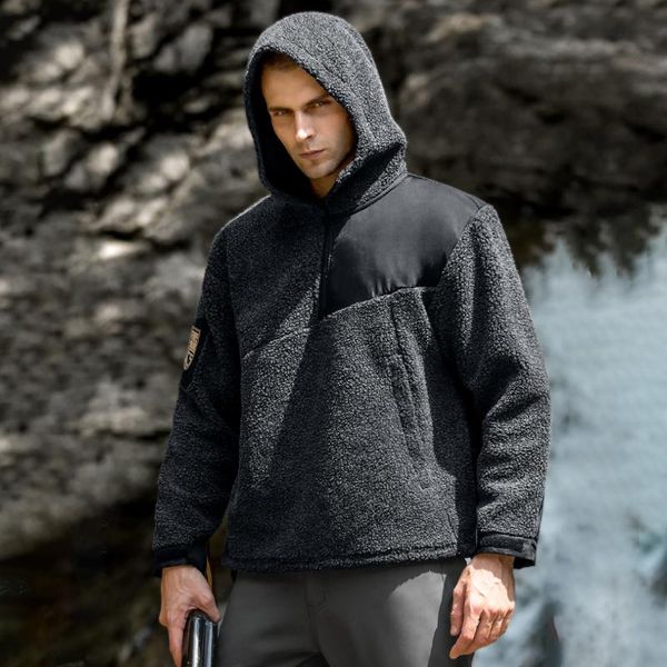 men's hoodies & sweatshirts outdoor tactical camping thicken warm zipper collar polar fleece sweater long lambswool hooded jacket, Black 
men's hoodies & sweatshirts outdoor tactical camping thicken warm zipper collar polar fleece sweater long lambswool hooded jacket, Black