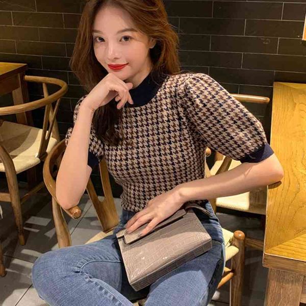 women's knits & tees korean sweet short sleeve women knitted pullovers harajuku hit color patchwork plaid sweater vintage sueter, White 
women's knits & tees korean sweet short sleeve women knitted pullovers harajuku hit color patchwork plaid sweater vintage sueter, White