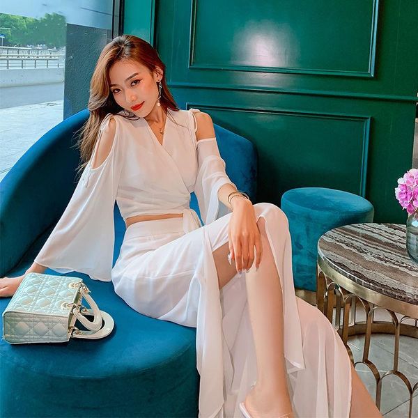 women spring summer vintage suit female lace up off shoulder shirt + wide leg pant 2 piece set casual solid f614 women's two pants, White
women spring summer vintage suit female lace up off shoulder shirt + wide leg pant 2 piece set casual solid f614 women's two pants, White